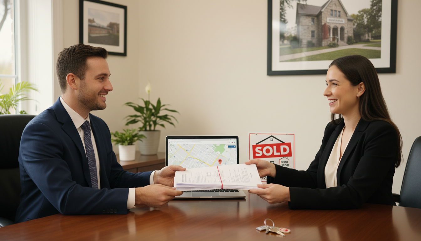 Real estate lawyer handing closing documents to homeowner in Georgetown, Ontario office