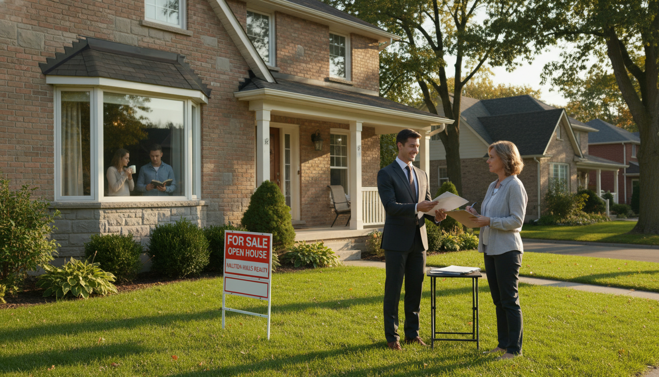 Georgetown Ontario suburban house with For Sale sign, tenants visible through window, agent with documents and keys