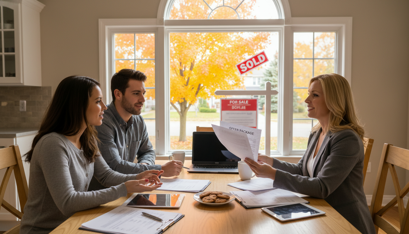 Realtor and buyers signing an offer in a bright Georgetown kitchen with a 'For Sale' sign visible outside