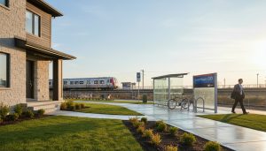 Suburban Georgetown home with a visible walking route to Georgetown GO Station, commuter heading to the station, bus stop nearby.