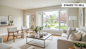 Staged living room in a Georgetown Ontario home with natural light and modern furnishings