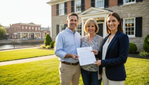Realtor handing disclosure checklist to homeowners outside a Georgetown Ontario home near the Credit River