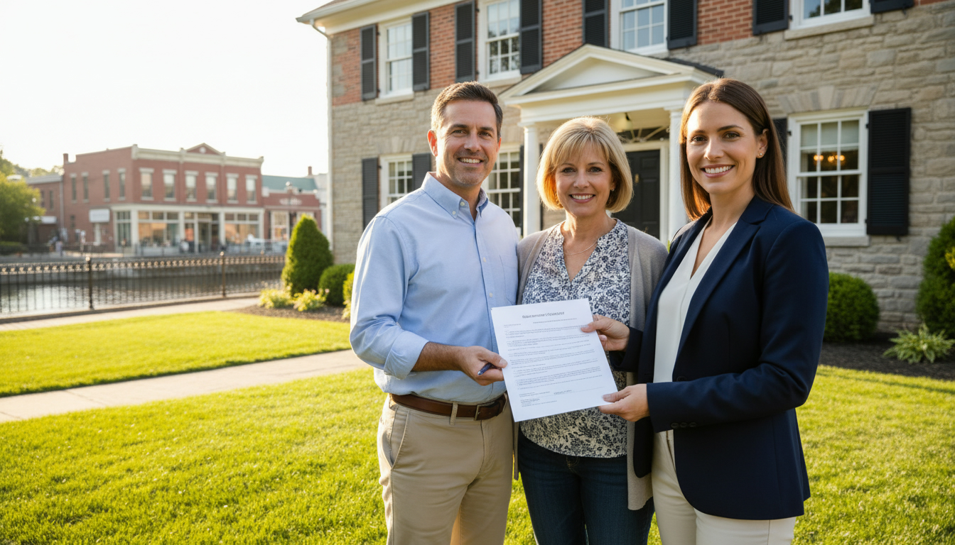 Realtor handing disclosure checklist to homeowners outside a Georgetown Ontario home near the Credit River