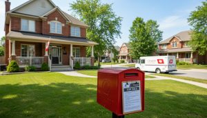Canada Post mailbox at a Georgetown, Ontario house with delivery truck in background and realtor clipboard nearby
