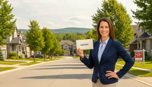 Real estate agent holding a deposit envelope in front of homes in Georgetown, Ontario.