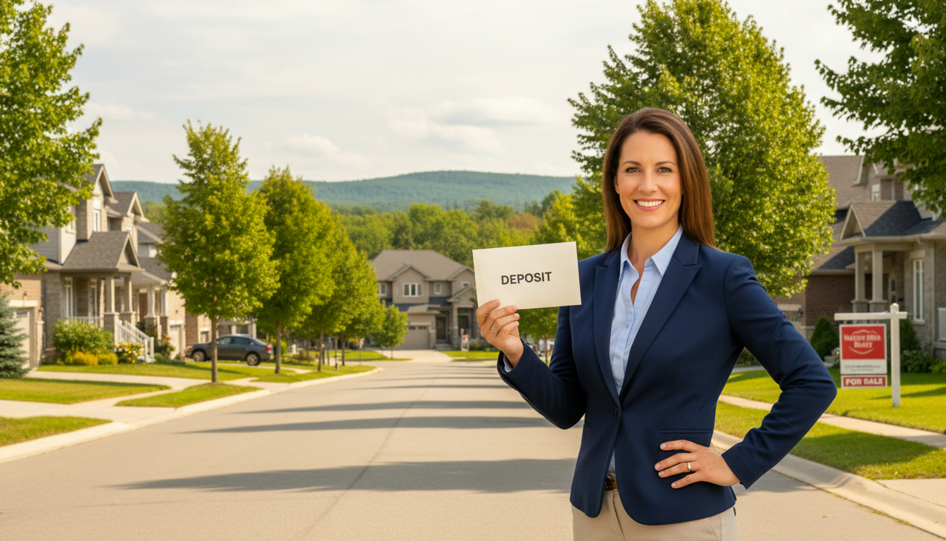 Real estate agent holding a deposit envelope in front of homes in Georgetown, Ontario.
