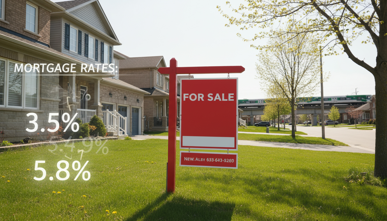 Georgetown Ontario street with for sale sign and digital mortgage rate overlays