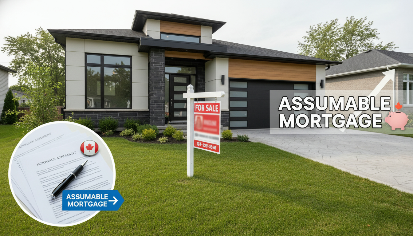Georgetown Ontario house for sale with mortgage documents and 'Assumable Mortgage' overlay