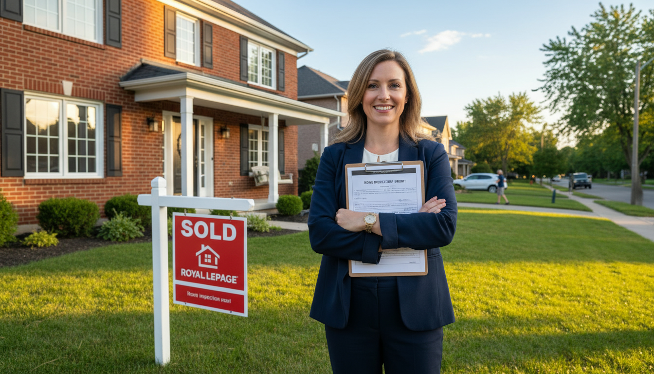 Real estate agent with inspection report in front of a Georgetown Ontario home with a Sold sign