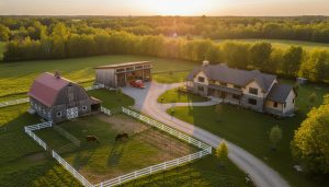 Luxury rural property in Georgetown, ON with barn and modern workshop seen from drone.