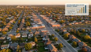 Aerial view of Georgetown Ontario neighbourhoods with homes and Main Street at golden hour representing local real estate market trends.