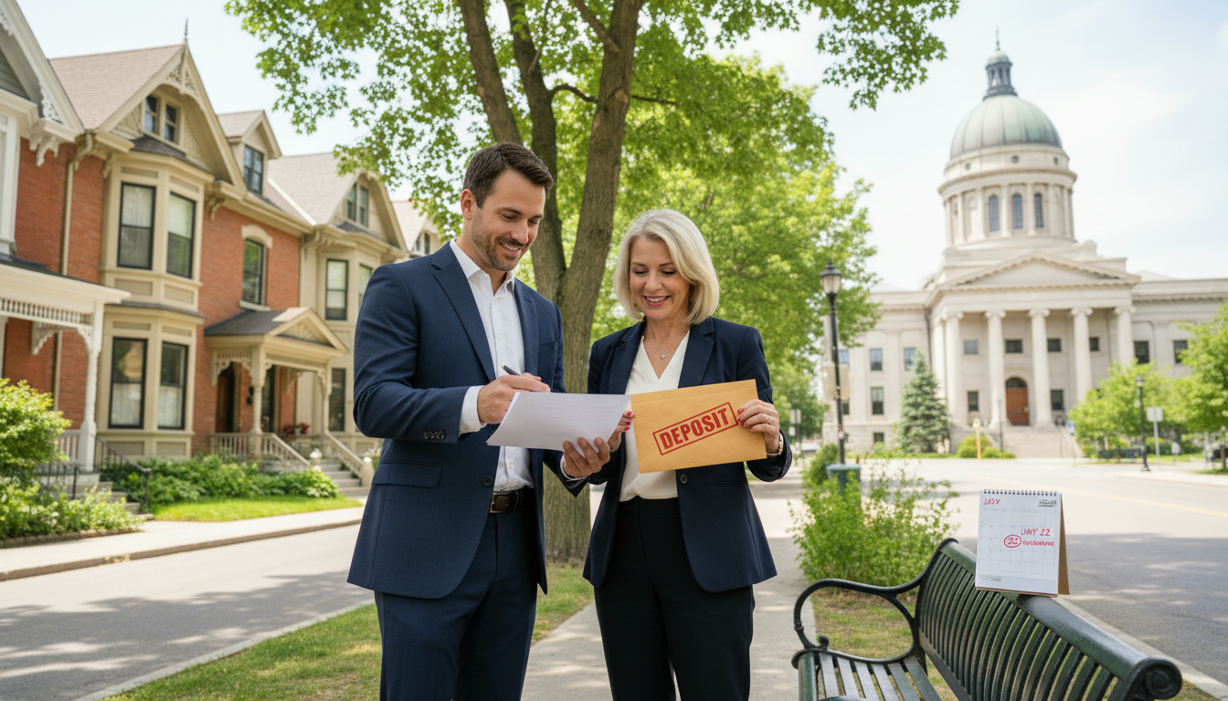 Georgetown home seller and agent reviewing signed purchase agreement with deposit envelope and deadline calendar visible