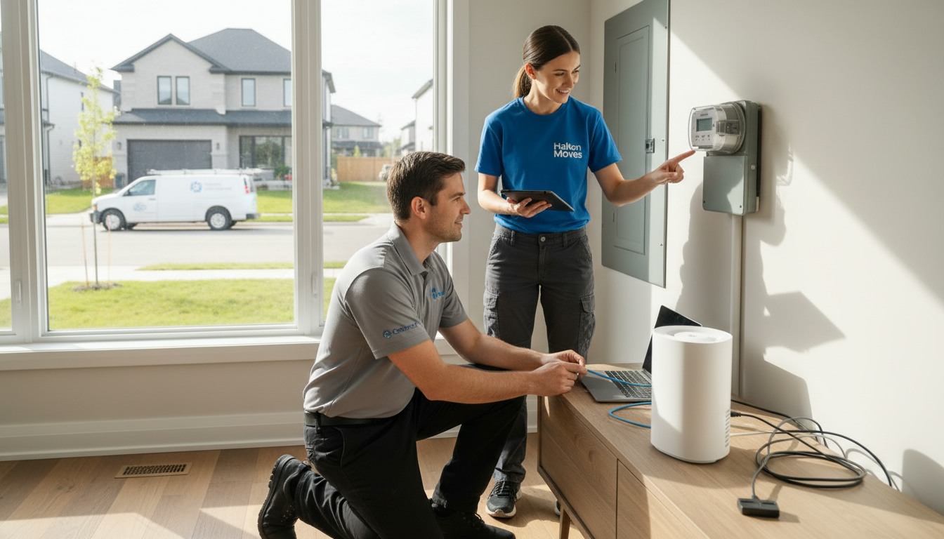 Technician installing internet router and checking a utility meter inside a Georgetown, Ontario home