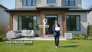 Realtor calculating total cost of ownership for a Georgetown Ontario home with staging and open house sign