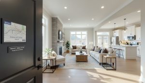 Staged living room in a Georgetown home with a locked office door and professional showing note