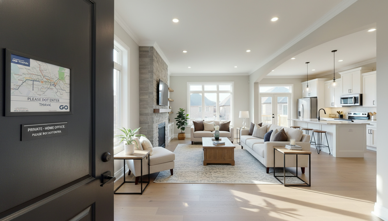 Staged living room in a Georgetown home with a locked office door and professional showing note