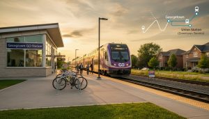 Georgetown GO station at golden hour with commuters and a for sale sign in a nearby yard
