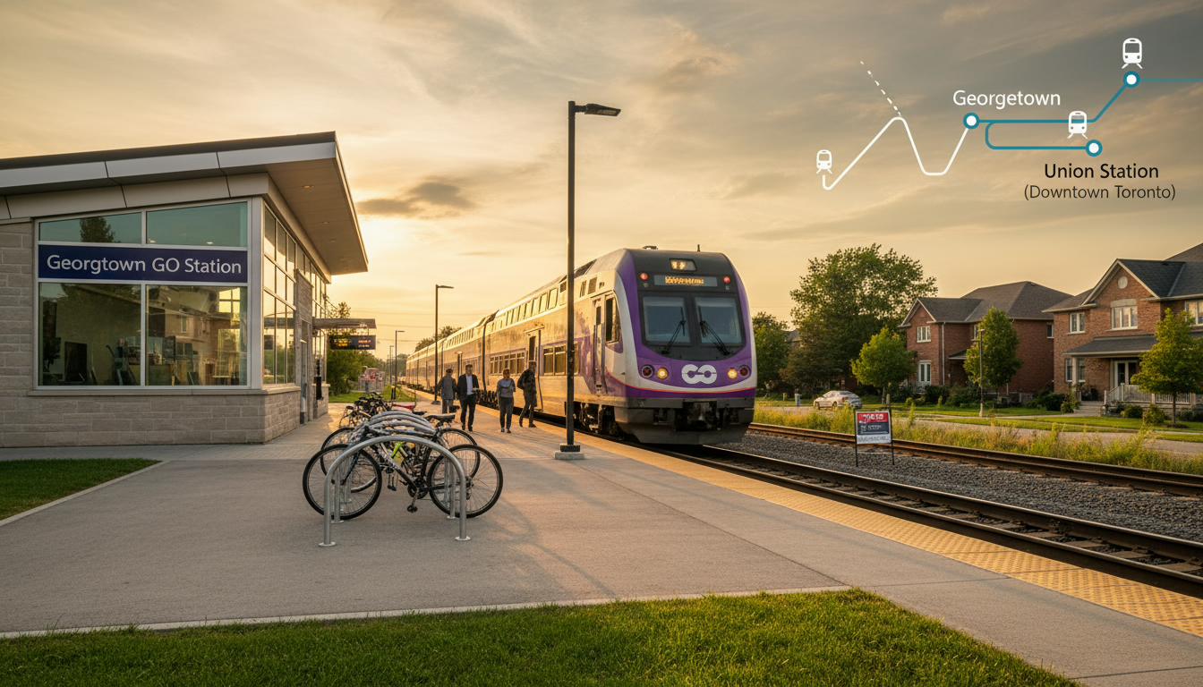 Georgetown GO station at golden hour with commuters and a for sale sign in a nearby yard