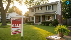 Georgetown house with For Sale sign and realtor clipboard on porch at golden hour
