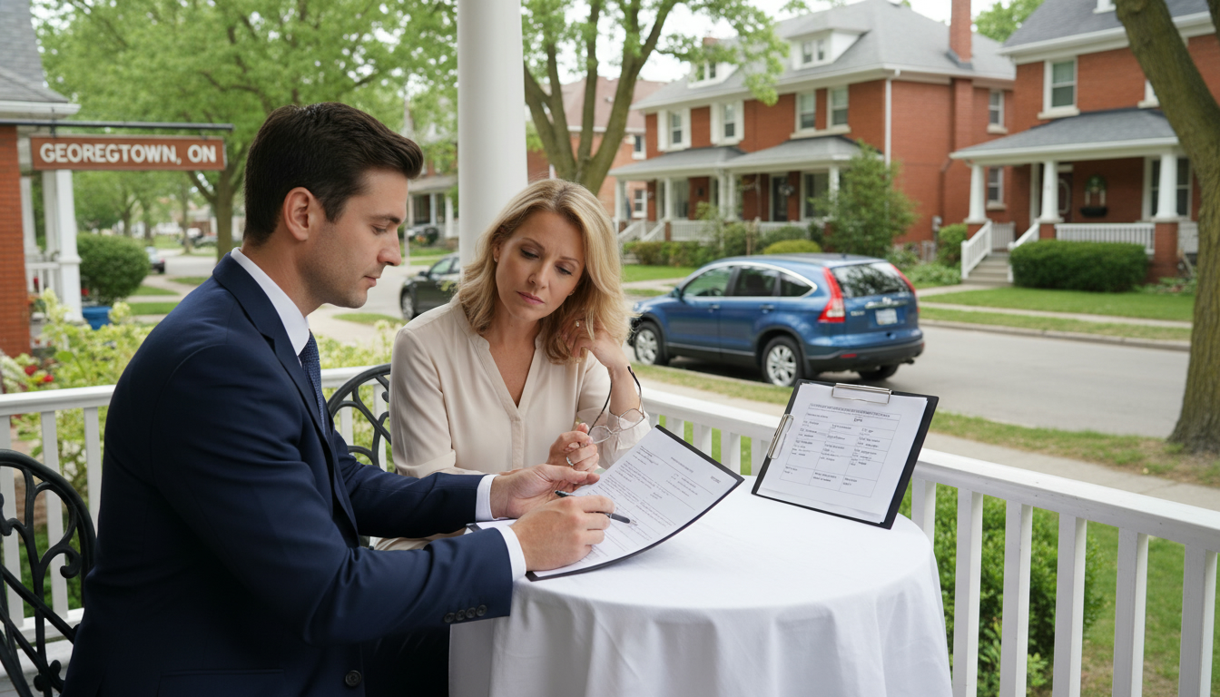 Realtor and homeowner on porch of a Georgetown Ontario house reviewing home inspection report and contractor quotes.