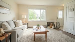 Staged Georgetown living room during a showing with a crated dog, leash on console table, and realtor clipboard visible