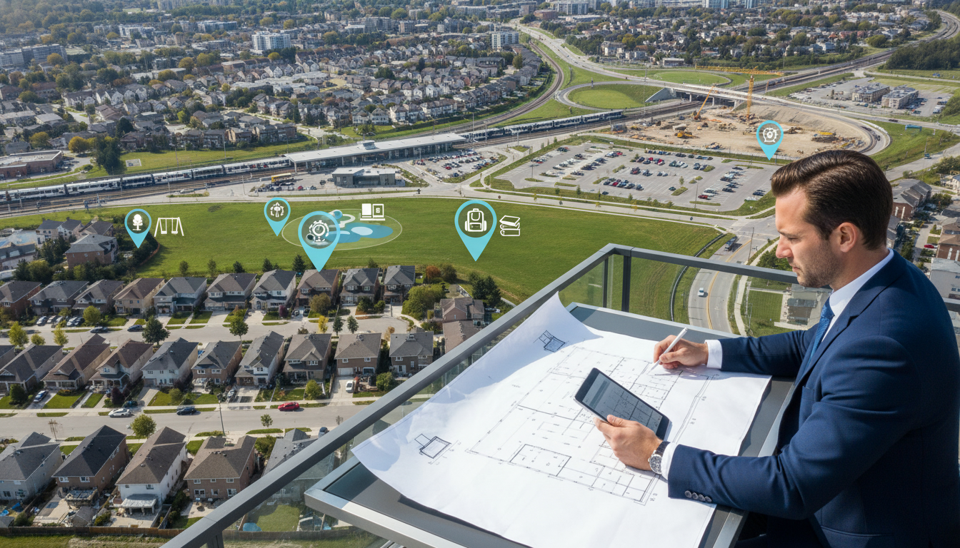 Aerial view of Georgetown Ontario with train line, highway interchange under construction, park and school icons, and a real estate agent reviewing blueprints.