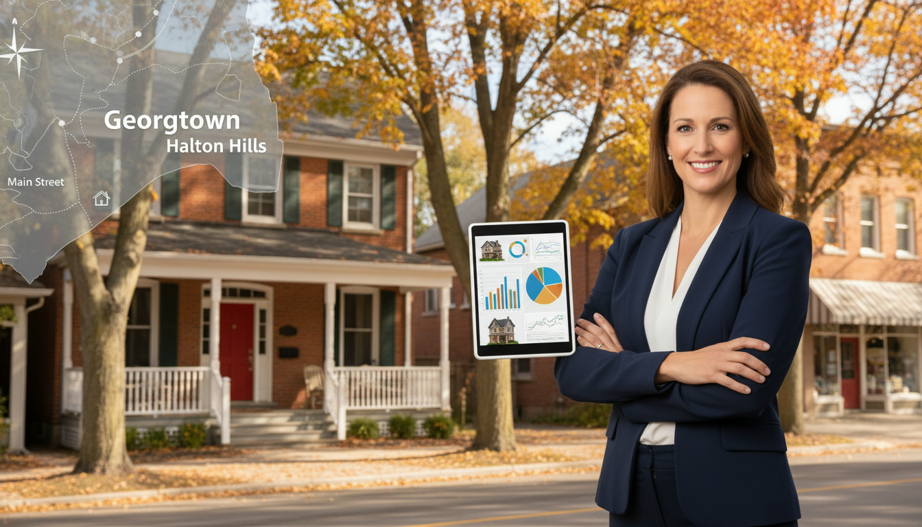 Real estate agent in front of a Georgetown Ontario home holding tablet with listing photos and market charts, small-town Main Street in background.