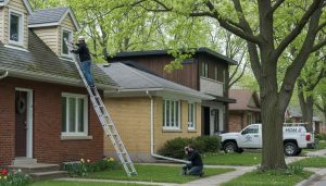 Homeowner inspecting roof shingles and photographing a foundation crack in a Georgetown, Ontario neighborhood