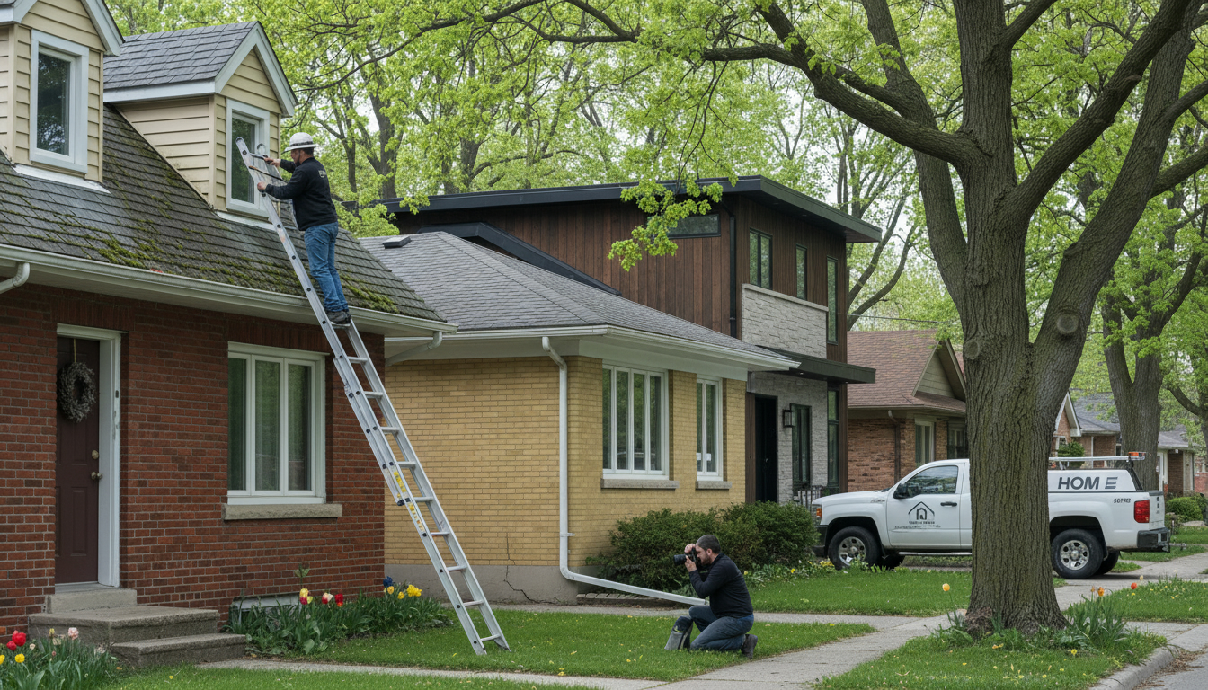 Homeowner inspecting roof shingles and photographing a foundation crack in a Georgetown, Ontario neighborhood