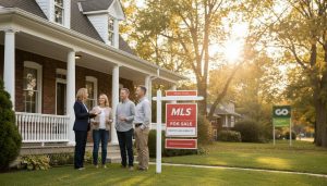 Realtor advising family in front of a Georgetown Ontario home with MLS sign