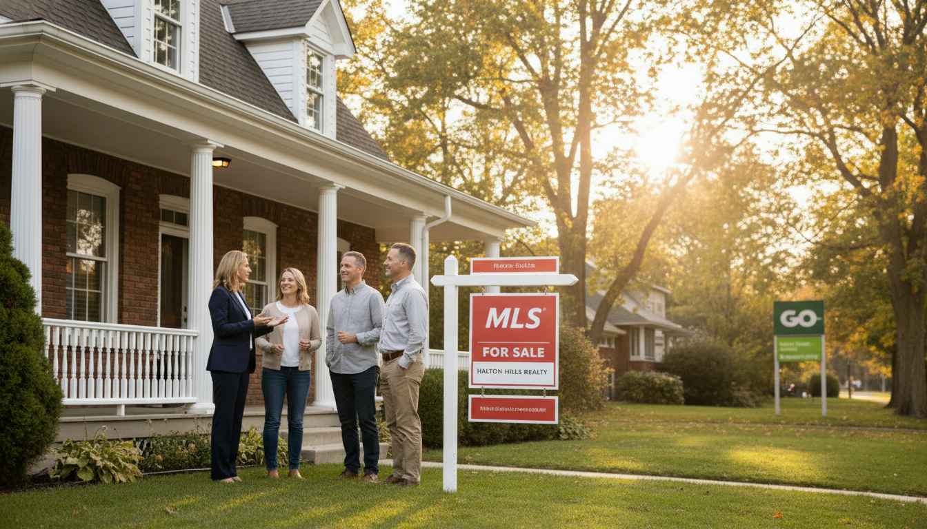 Realtor advising family in front of a Georgetown Ontario home with MLS sign