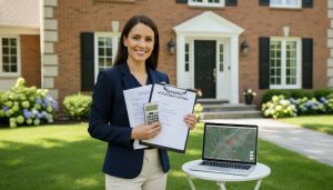 Realtor holding home-buying documents and checklist in front of a Georgetown, Ontario house