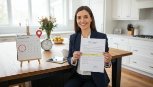 Real estate agent reviewing an offer with contract showing expiry time, calendar, clock, and Georgetown ON sign.