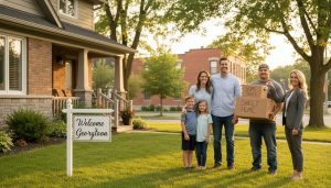 Family receiving keys in front of a Georgetown, Ontario home with moving boxes and a welcome sign