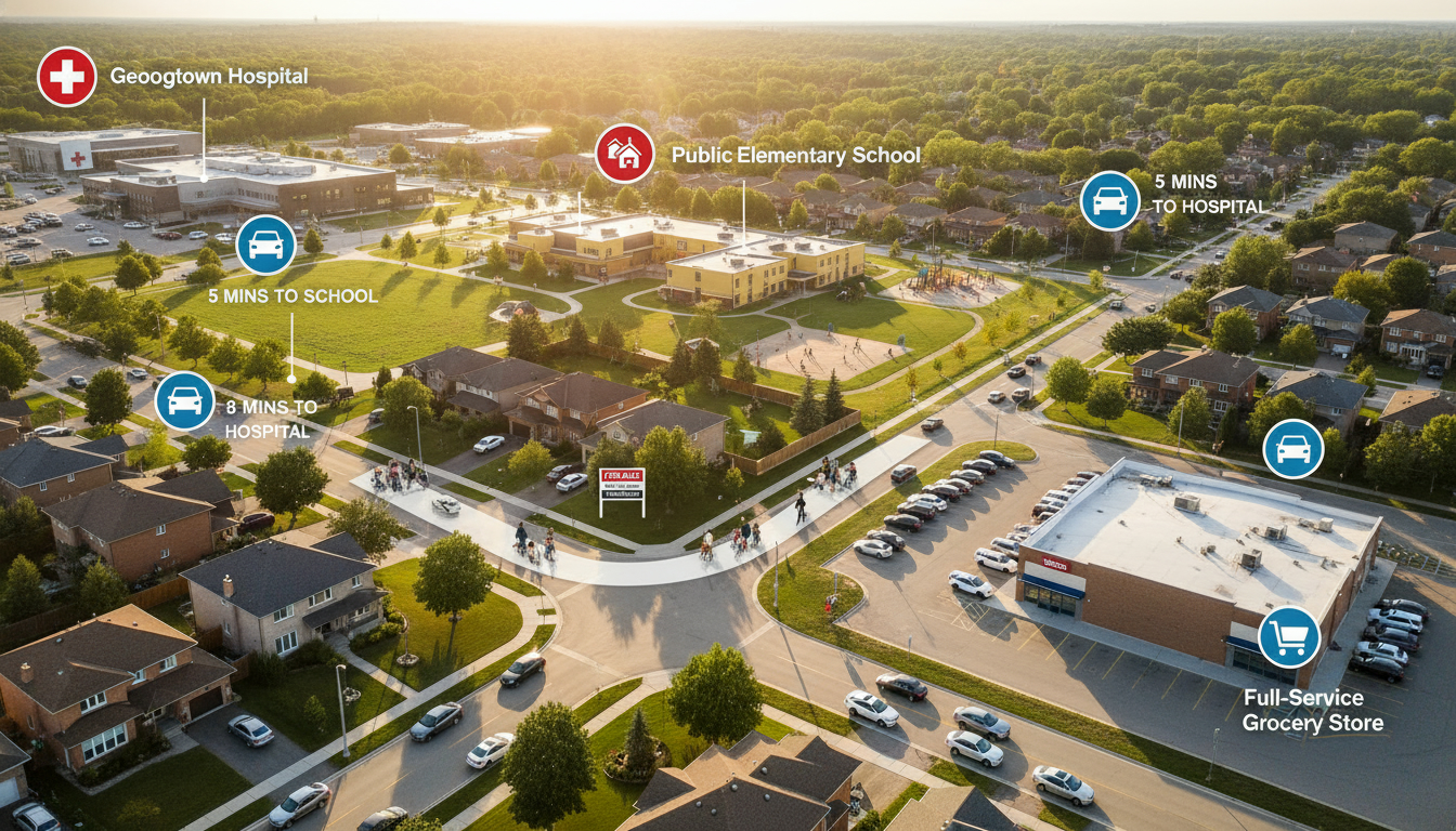 Aerial view of a Georgetown, Ontario neighborhood highlighting hospital, school, and grocery store proximity with walking paths and a for-sale sign.
