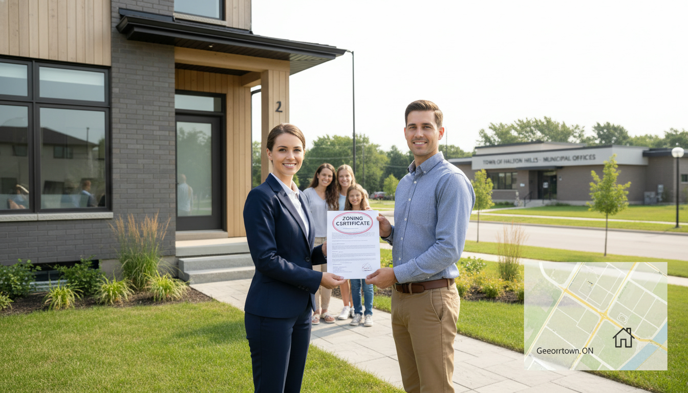 Realtor handing zoning certificate to homeowner in Georgetown, Ontario in front of a suburban house with Town of Halton Hills sign