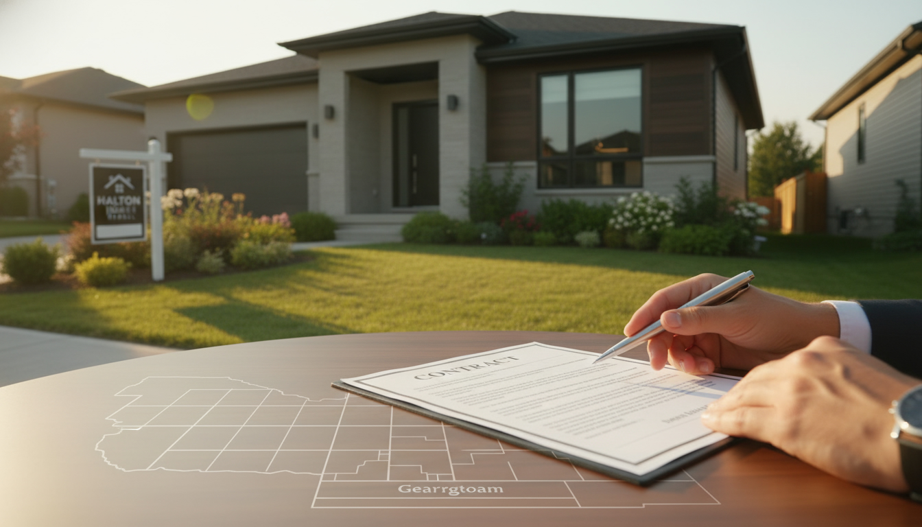 Georgetown Ontario home with real estate contract, pen, and realtor reviewing conditional offer