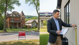 Split image: Georgetown neighborhood with For Sale sign and an appraiser with clipboard evaluating a home