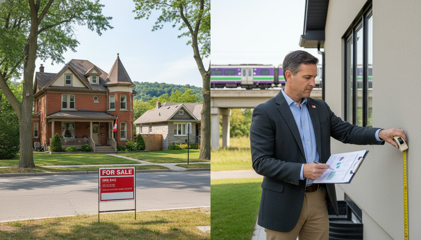 Split image: Georgetown neighborhood with For Sale sign and an appraiser with clipboard evaluating a home
