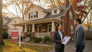 Georgetown house with realtor and homeowner discussing insurance documents on front porch during open house