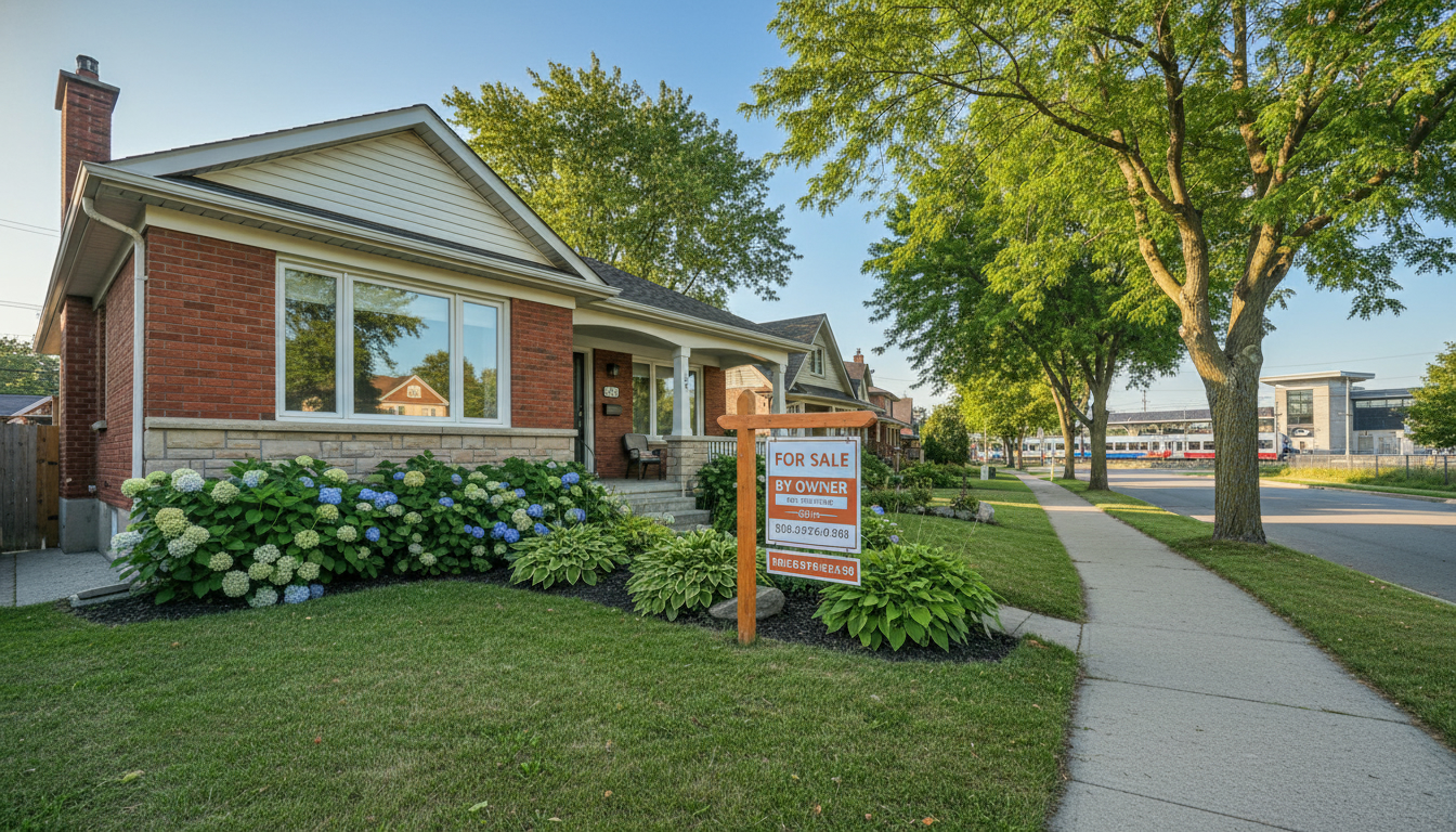 Detached house in Georgetown, Ontario with a 'For Sale By Owner' sign on the lawn and GO station visible in the distance.