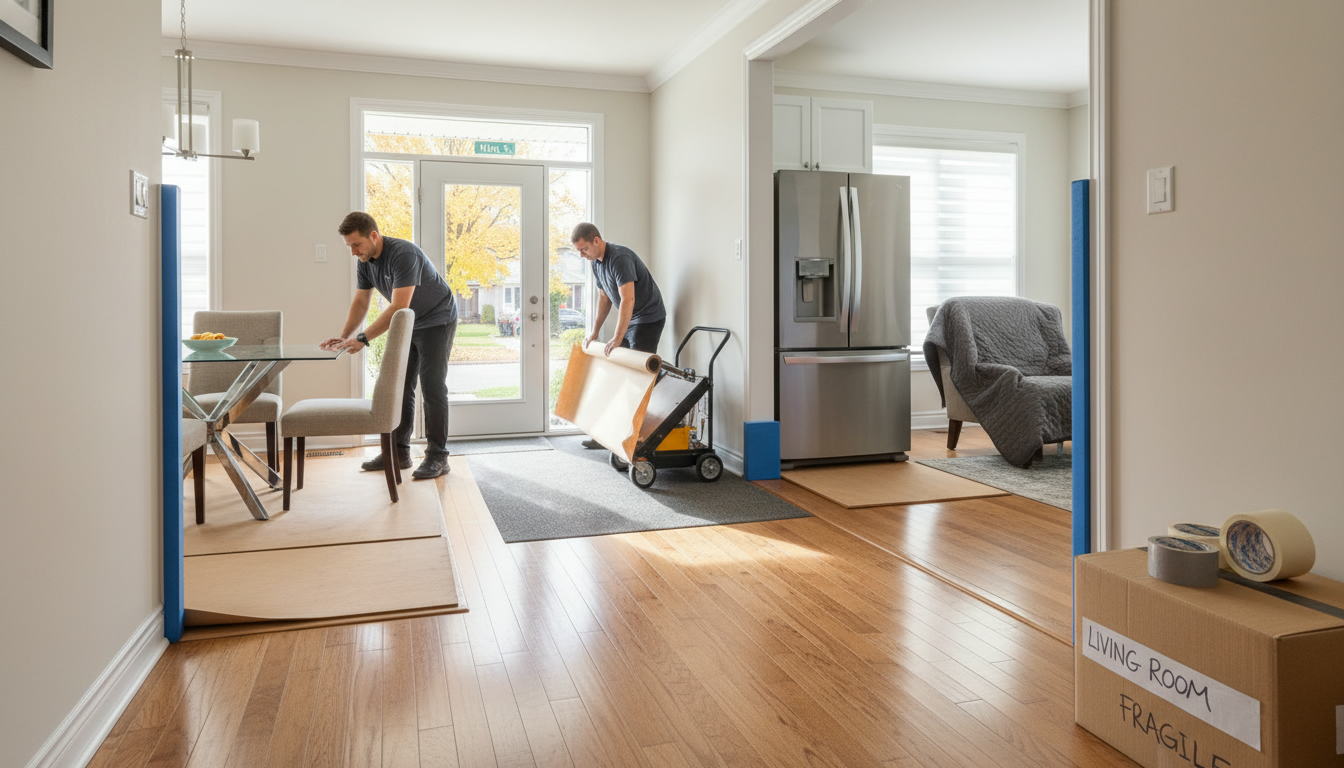 Movers laying rosin paper and floor runners in a Georgetown home hallway to protect hardwood floors and walls during a move.