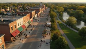 Georgetown Ontario Main Street lifestyle scene with families, cafes, river trail, and farmers market at golden hour.