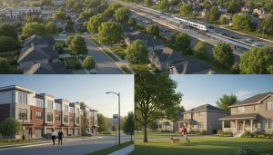 Georgetown Ontario neighbourhood with mix of detached homes, townhouses, trees and a visible commuter train station in the distance.