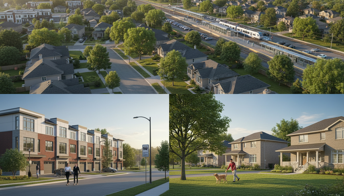 Georgetown Ontario neighbourhood with mix of detached homes, townhouses, trees and a visible commuter train station in the distance.