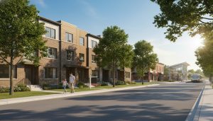 Row of modern townhouses in Georgetown, Ontario with a For Sale sign and a family walking on the sidewalk.