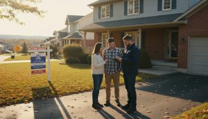 Home inspector reviewing report with sellers outside a suburban Georgetown Ontario house near a For Sale sign