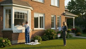 Georgetown home with front windows being repaired and staged; real estate agent with checklist and for sale sign.
