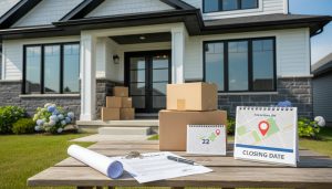 Georgetown Ontario home with moving boxes, contract, keys and calendar highlighting closing date
