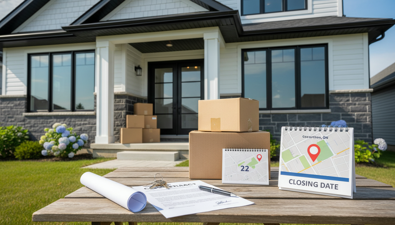 Georgetown Ontario home with moving boxes, contract, keys and calendar highlighting closing date